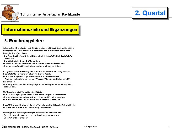 2. Quartal Schulinterner Arbeitsplan Fachkunde Informationsziele und Ergänzungen 5. Ernährungslehre Allgemeine Grundlagen der Ernährungslehre