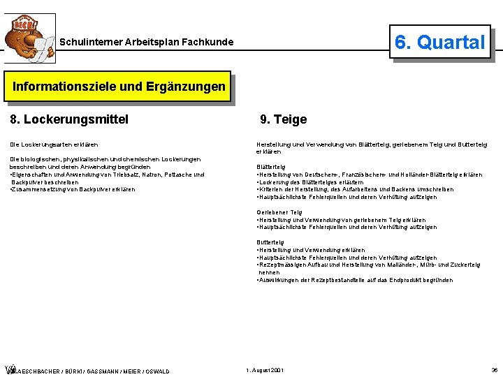 6. Quartal Schulinterner Arbeitsplan Fachkunde Informationsziele und Ergänzungen 8. Lockerungsmittel 9. Teige Die Lockerungsarten