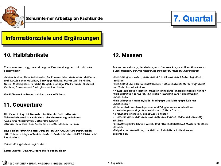 7. Quartal Schulinterner Arbeitsplan Fachkunde Informationsziele und Ergänzungen 10. Halbfabrikate 12. Massen Zusammensetzung, Herstellung