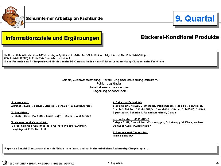 9. Quartal Schulinterner Arbeitsplan Fachkunde Bäckerei-Konditorei Produkte Informationsziele und Ergänzungen Im 3. Lehrjahr wird