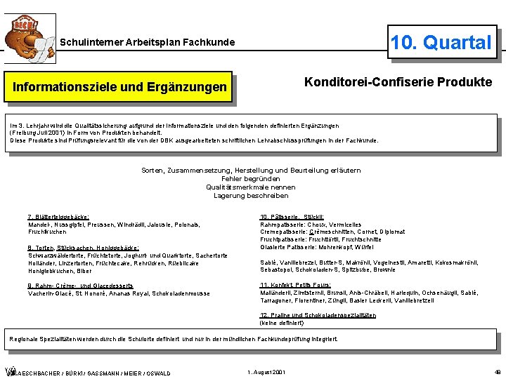 10. Quartal Schulinterner Arbeitsplan Fachkunde Konditorei-Confiserie Produkte Informationsziele und Ergänzungen Im 3. Lehrjahr wird