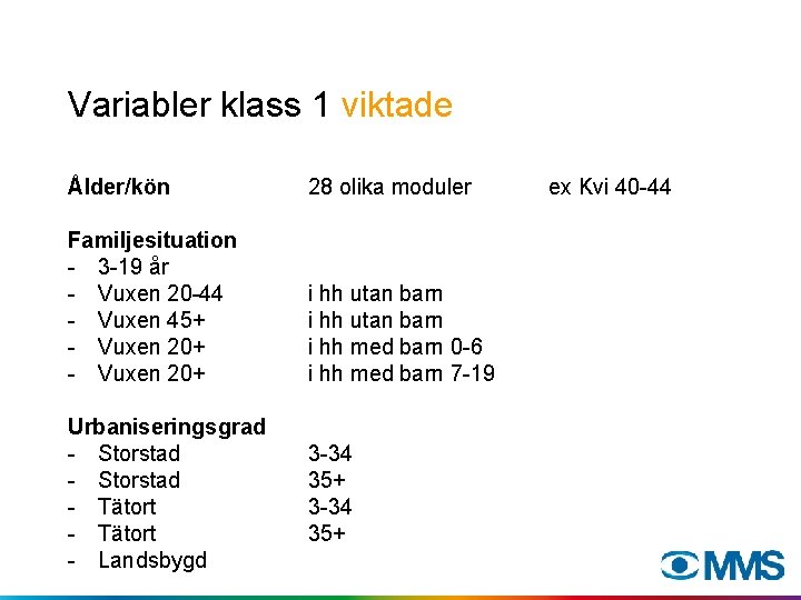 Variabler klass 1 viktade Ålder/kön 28 olika moduler Familjesituation - 3 -19 år -