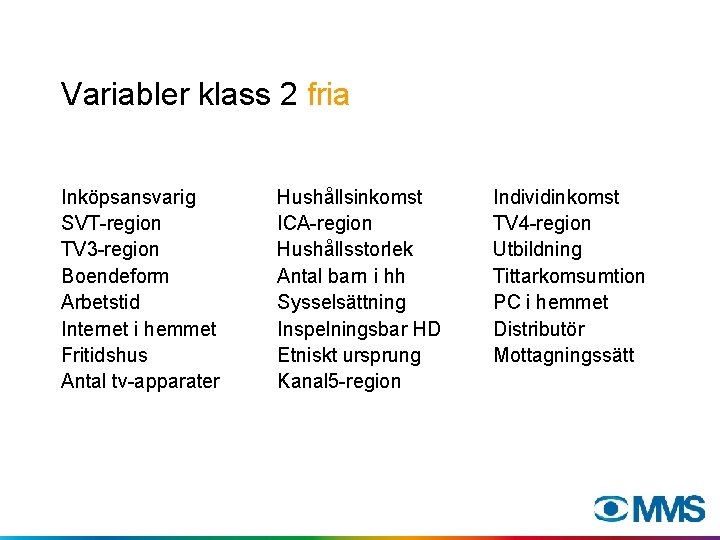 Variabler klass 2 fria Inköpsansvarig SVT-region TV 3 -region Boendeform Arbetstid Internet i hemmet