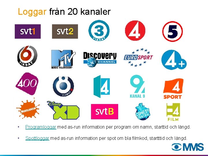 Loggar från 20 kanaler • Programloggar med as-run information per program om namn, starttid