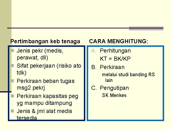 Pertimbangan keb tenaga n Jenis pekr (medis, n n perawat, dll) Sifat pekerjaan (risiko