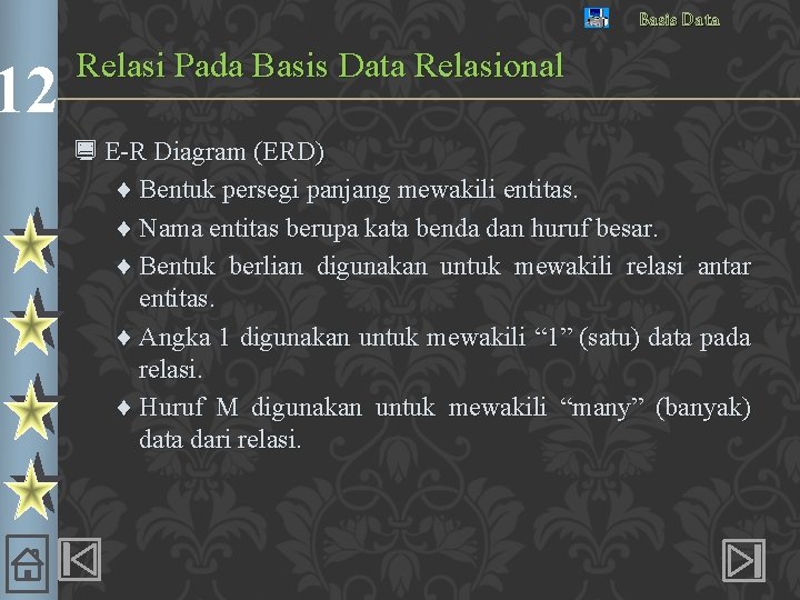 12 Basis Data Relasi Pada Basis Data Relasional ¿ E-R Diagram (ERD) ¨ Bentuk