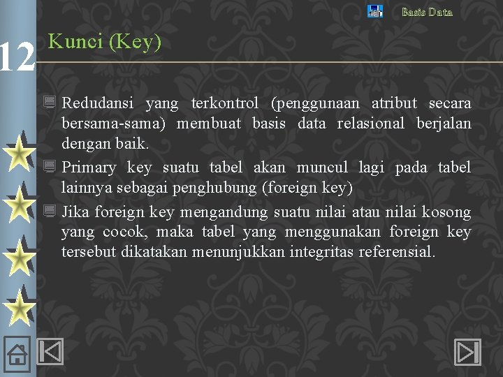12 Basis Data Kunci (Key) ¿ Redudansi yang terkontrol (penggunaan atribut secara bersama-sama) membuat