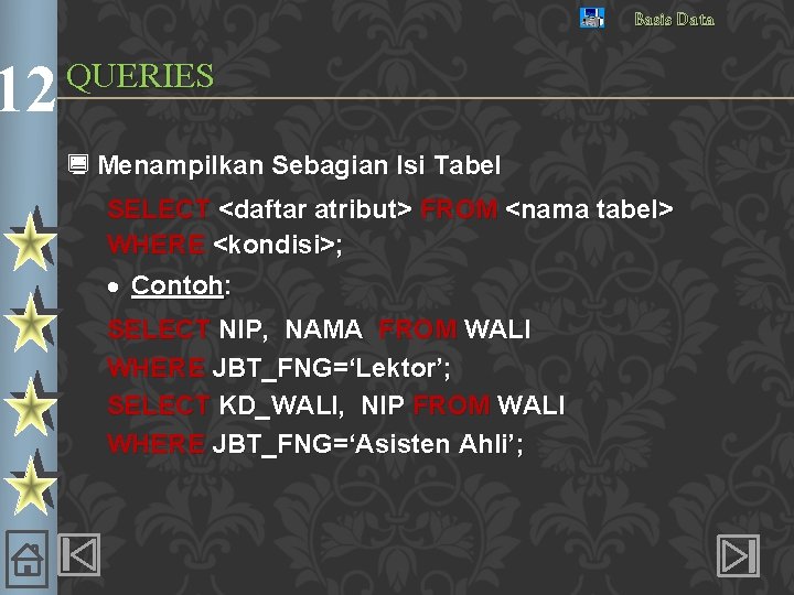 12 Basis Data QUERIES ¿ Menampilkan Sebagian Isi Tabel SELECT <daftar atribut> FROM <nama