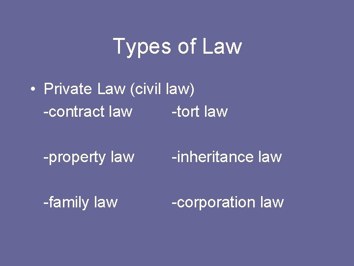 Types of Law • Private Law (civil law) -contract law -tort law -property law