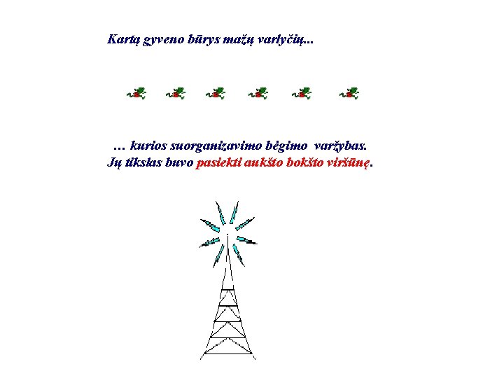 Kartą gyveno būrys mažų varlyčių. . . … kurios suorganizavimo bėgimo varžybas. Jų tikslas