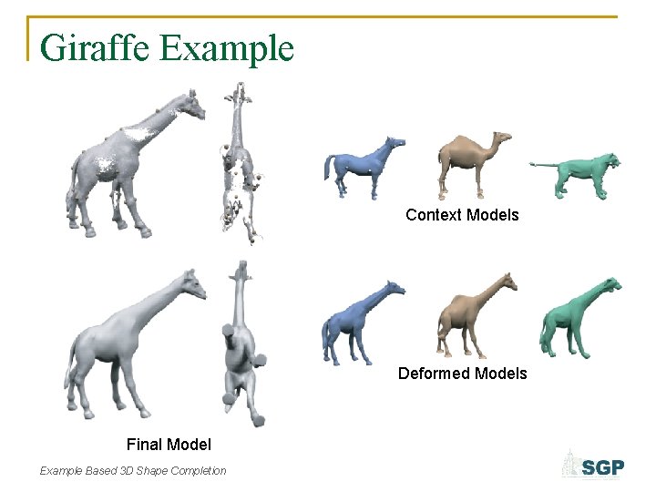 Giraffe Example Context Models Deformed Models Final Model Example Based 3 D Shape Completion