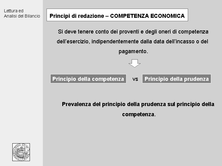 Lettura ed Analisi del Bilancio Principi di redazione – COMPETENZA ECONOMICA Si deve tenere