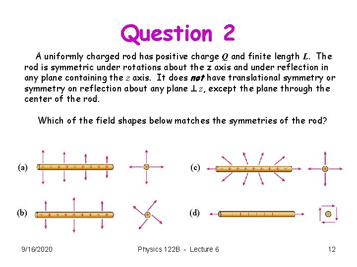 Question 2 A uniformly charged rod has positive charge Q and finite length L.