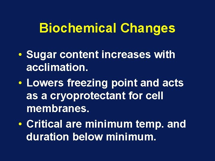 Biochemical Changes • Sugar content increases with acclimation. • Lowers freezing point and acts