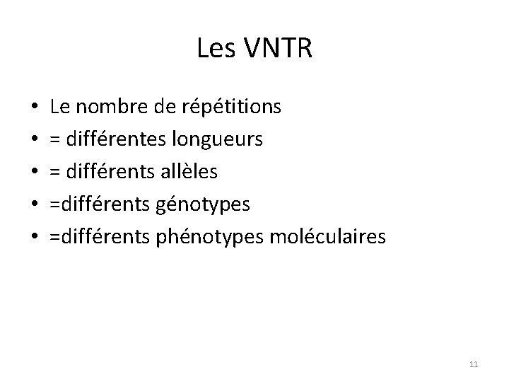 Les VNTR • • • Le nombre de répétitions = différentes longueurs = différents
