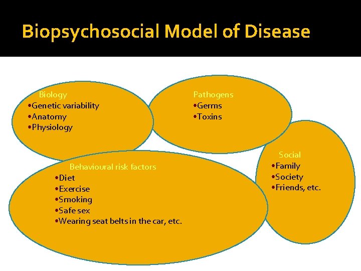 Biopsychosocial Model of Disease Biology • Genetic variability • Anatomy • Physiology Behavioural risk