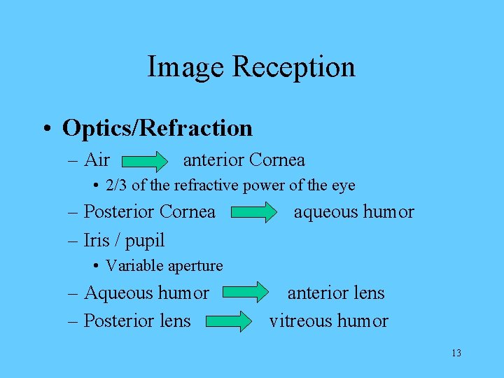 Image Reception • Optics/Refraction – Air anterior Cornea • 2/3 of the refractive power