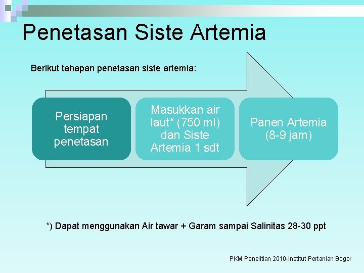 Penetasan Siste Artemia Berikut tahapan penetasan siste artemia: Persiapan tempat penetasan Masukkan air laut*