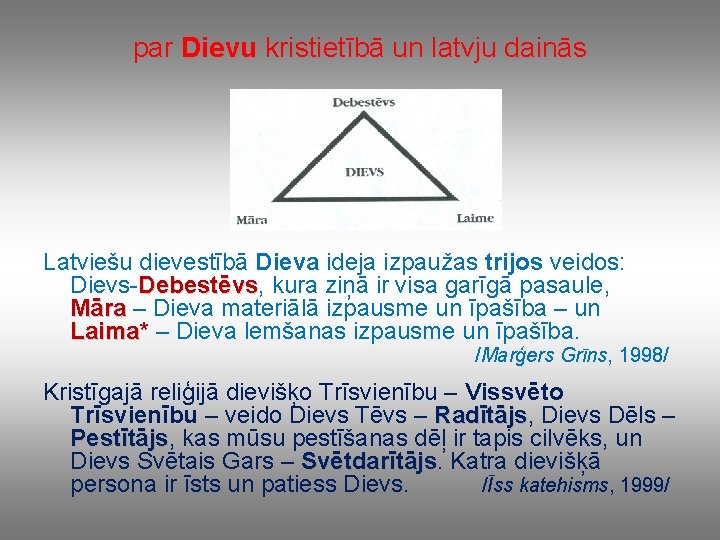 par Dievu kristietībā un latvju dainās Latviešu dievestībā Dieva ideja izpaužas trijos veidos: Dievs-Debestēvs,