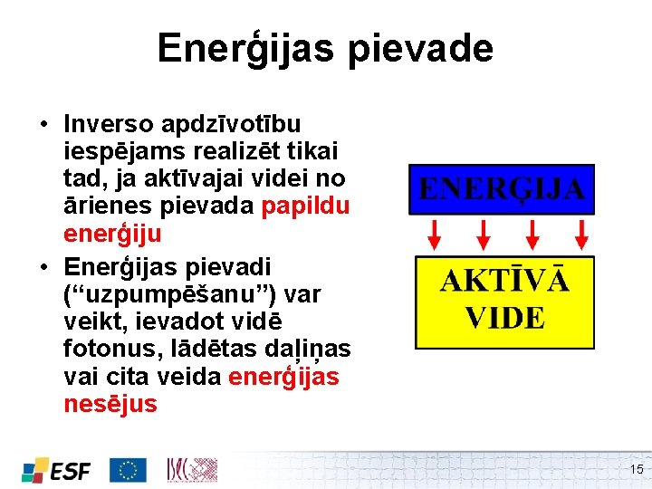 Enerģijas pievade • Inverso apdzīvotību iespējams realizēt tikai tad, ja aktīvajai videi no ārienes