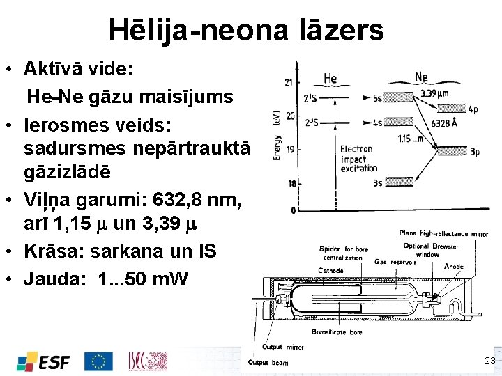 Hēlija-neona lāzers • Aktīvā vide: He-Ne gāzu maisījums • Ierosmes veids: sadursmes nepārtrauktā gāzizlādē