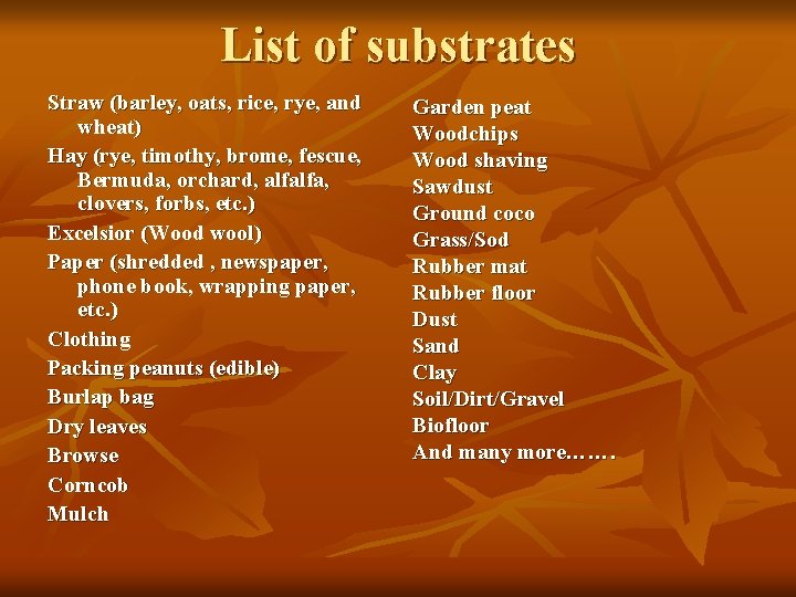 List of substrates Straw (barley, oats, rice, rye, and wheat) Hay (rye, timothy, brome,