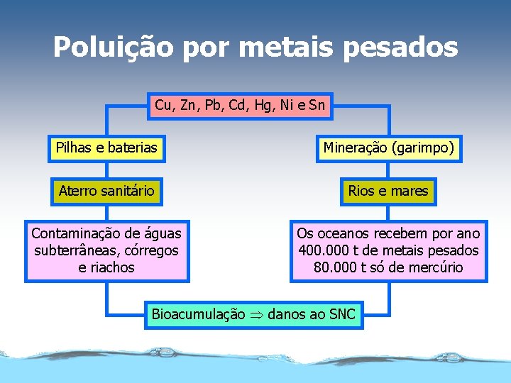 Poluição por metais pesados Cu, Zn, Pb, Cd, Hg, Ni e Sn Pilhas e