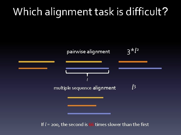 Which alignment task is difficult? pairwise alignment 3*l 2 l multiple sequence alignment l