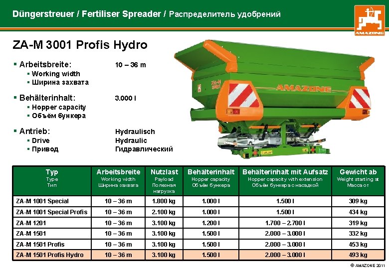 Düngerstreuer / Fertiliser Spreader / Распределитель удобрений ZA-M 3001 Profis Hydro § Arbeitsbreite: 10