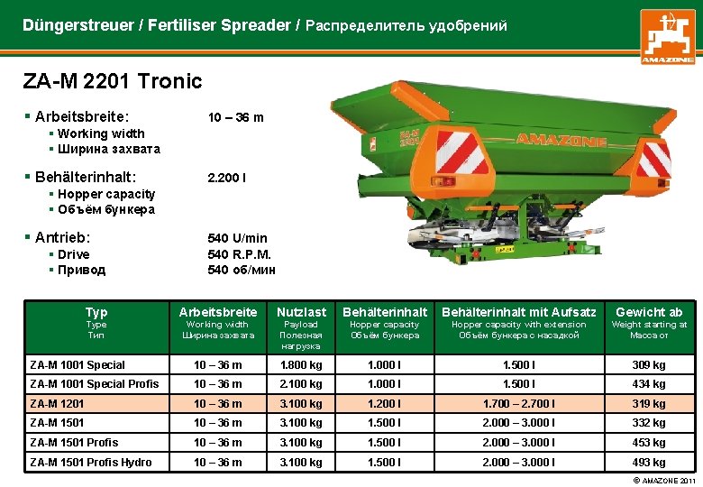 Düngerstreuer / Fertiliser Spreader / Распределитель удобрений ZA-M 2201 Tronic § Arbeitsbreite: 10 –