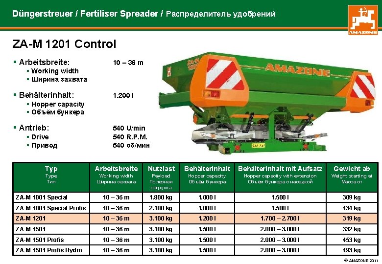 Düngerstreuer / Fertiliser Spreader / Распределитель удобрений ZA-M 1201 Control § Arbeitsbreite: 10 –