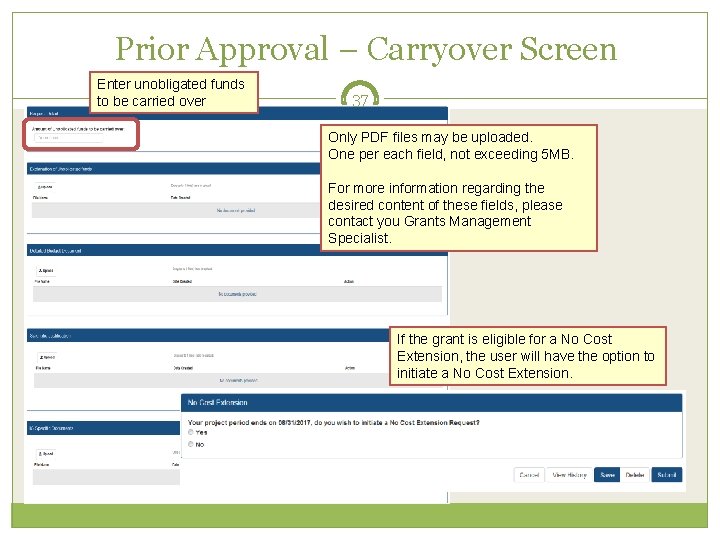 Prior Approval – Carryover Screen Enter unobligated funds to be carried over 37 Only