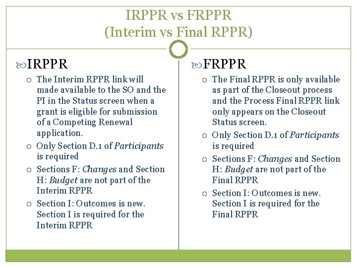 IRPPR vs FRPPR (Interim vs Final RPPR) IRPPR The Interim RPPR link will made