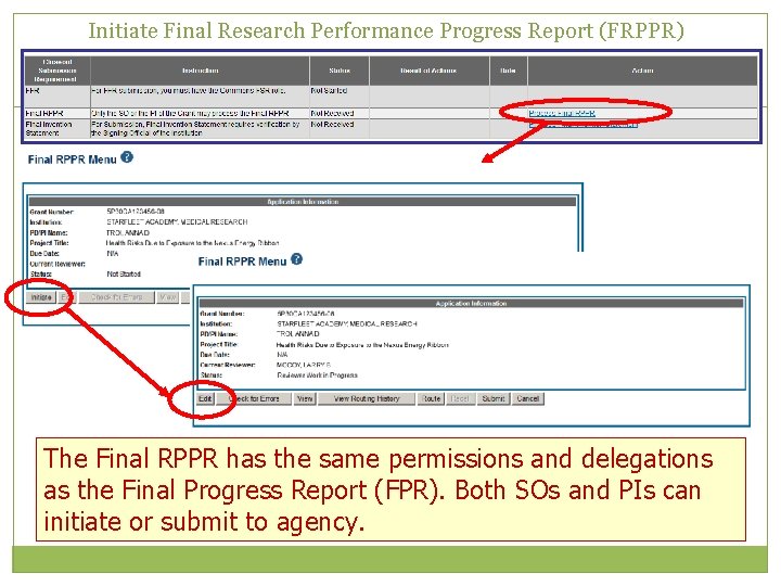 Initiate Final Research Performance Progress Report (FRPPR) The Final RPPR has the same permissions