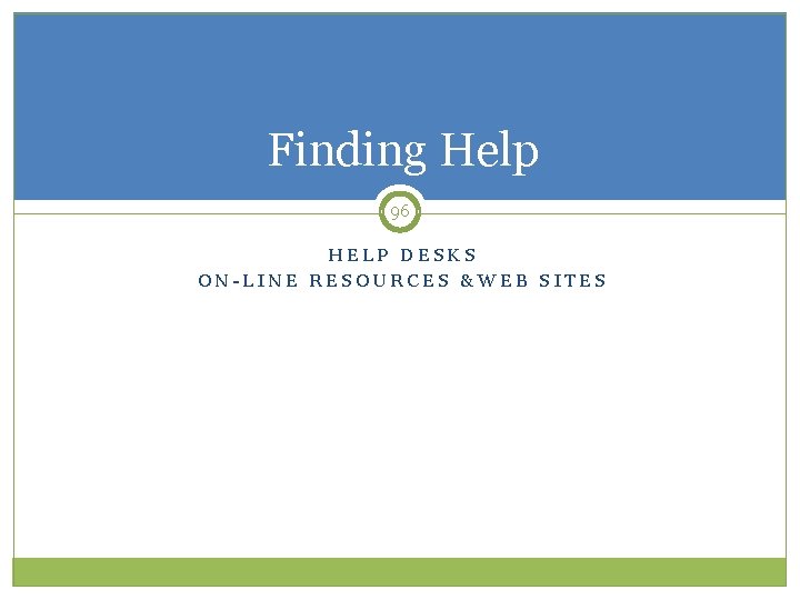 Finding Help 96 HELP DESKS ON-LINE RESOURCES &WEB SITES 