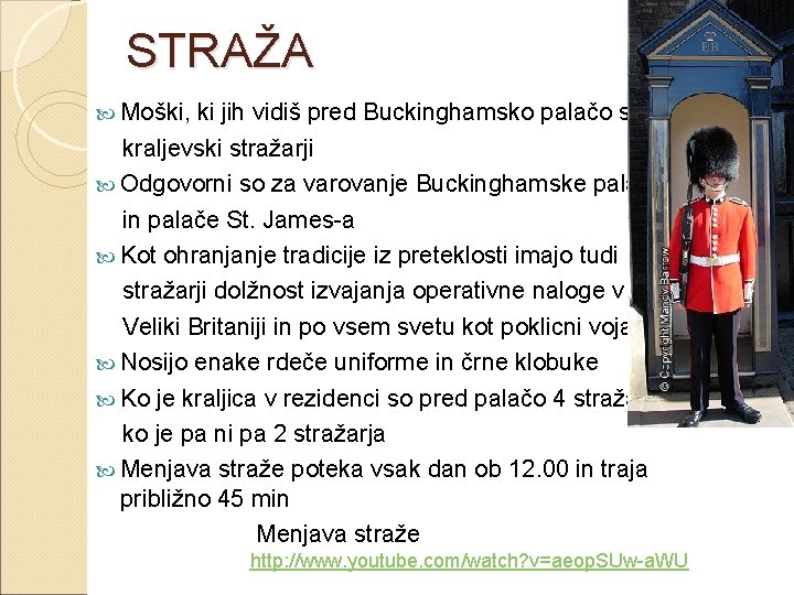 STRAŽA Moški, ki jih vidiš pred Buckinghamsko palačo so kraljevski stražarji Odgovorni so za