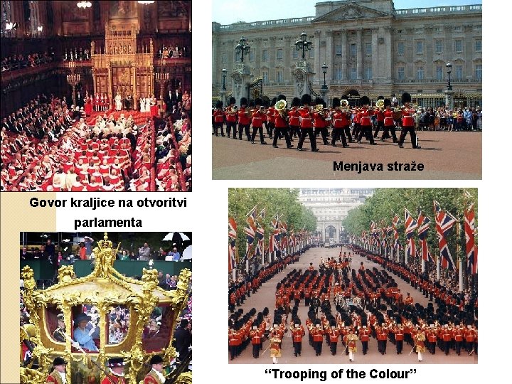 Menjava straže Govor kraljice na otvoritvi parlamenta “Trooping of the Colour” 
