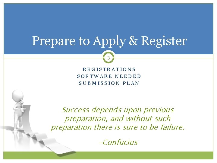 Prepare to Apply & Register 3 REGISTRATIONS SOFTWARE NEEDED SUBMISSION PLAN Success depends upon