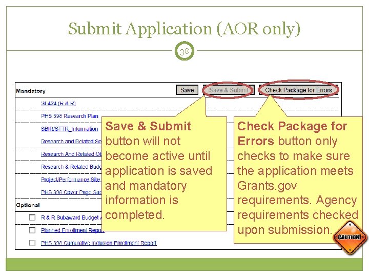 Submit Application (AOR only) 38 Save & Submit button will not become active until