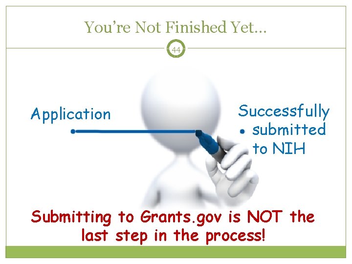 You’re Not Finished Yet… 44 Application Successfully submitted to NIH Submitting to Grants. gov