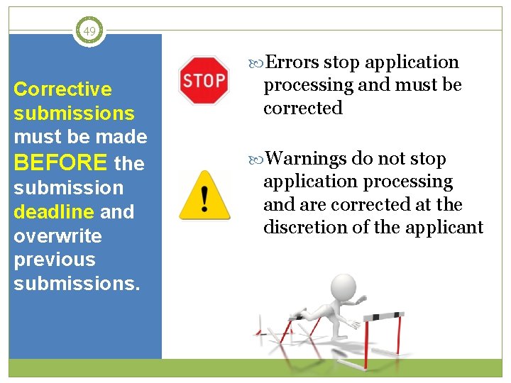 49 Errors stop application Corrective submissions must be made BEFORE the submission deadline and