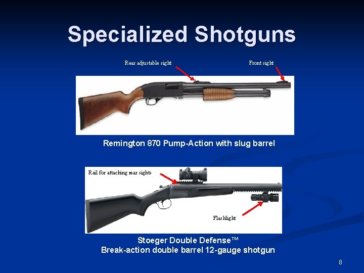 Specialized Shotguns Rear adjustable sight Front sight Remington 870 Pump-Action with slug barrel Rail