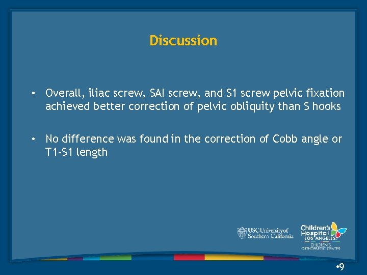 Discussion • Overall, iliac screw, SAI screw, and S 1 screw pelvic fixation achieved