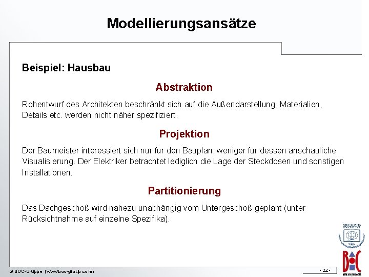 Modellierungsansätze Beispiel: Hausbau Abstraktion Rohentwurf des Architekten beschränkt sich auf die Außendarstellung; Materialien, Details