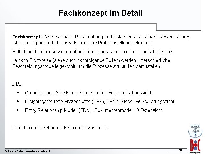 Fachkonzept im Detail Fachkonzept: Systematisierte Beschreibung und Dokumentation einer Problemstellung. Ist noch eng an