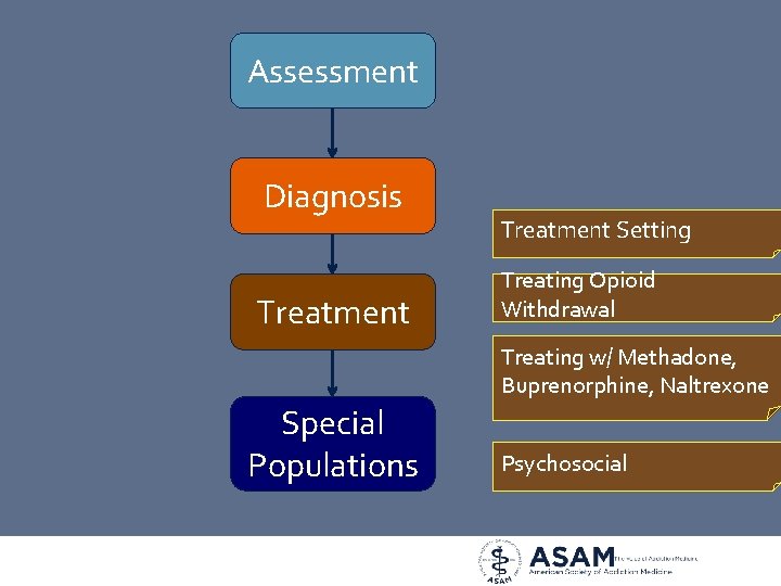 Assessment Diagnosis Treatment Setting Treating Opioid Withdrawal Treating w/ Methadone, Buprenorphine, Naltrexone Special Populations