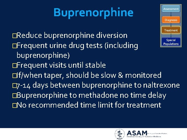 Buprenorphine �Reduce buprenorphine diversion �Frequent urine drug tests (including buprenorphine) �Frequent visits until stable