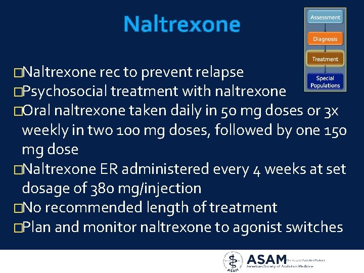Naltrexone �Naltrexone rec to prevent relapse �Psychosocial treatment with naltrexone �Oral naltrexone taken daily