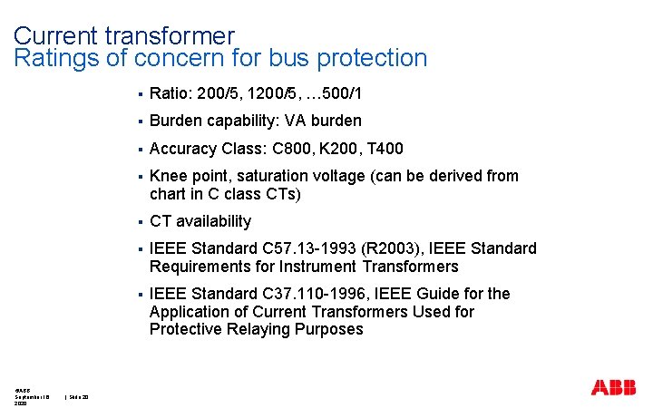 Current transformer Ratings of concern for bus protection ©ABB September 16, 2020 | Slide