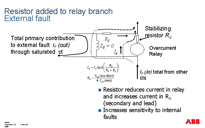 Resistor added to relay branch External fault Total primary contribution to external fault IF